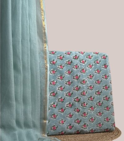 This blue unstitched suit fabric set includes a 2.50 metre AirLoom™ Kota dupatta paired with a 2.50 metre Blockprint Soft Cotton top fabric. Ideal for custom tailoring into your preferred silhouette.