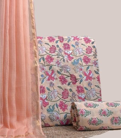 This pink unstitched three-piece suit fabric set includes a 2.50 metre AirLoom™ Kota dupatta