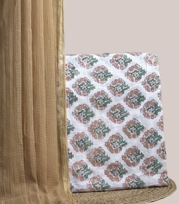 This white unstitched suit fabric set includes a 2.50 metre AirLoom™ Kota dupatta paired with a 2.50 metre Blockprint Soft Cotton top fabric. Ideal for custom tailoring into your preferred silhouette.