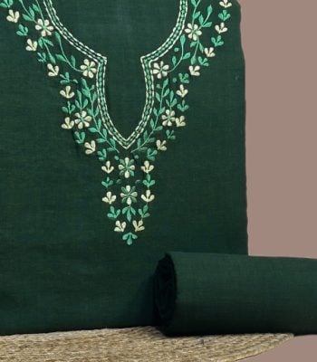 This green handloom soft cotton set features intricate embroidered neckline detailing on the top (3 metres) with a matching solid bottom (2.50 metres). No dupatta included in this set.