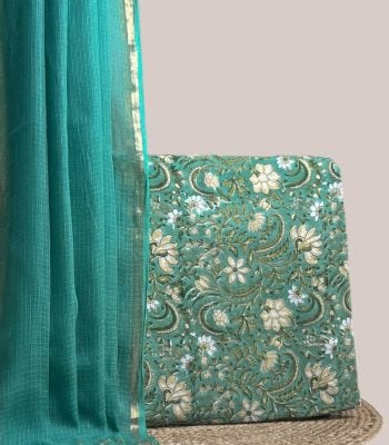 This blue unstitched suit fabric set includes a 2.50 metre AirLoom™ Kota dupatta paired with a 2.50 metre Blockprint Soft Cotton top fabric. Ideal for custom tailoring into your preferred silhouette.