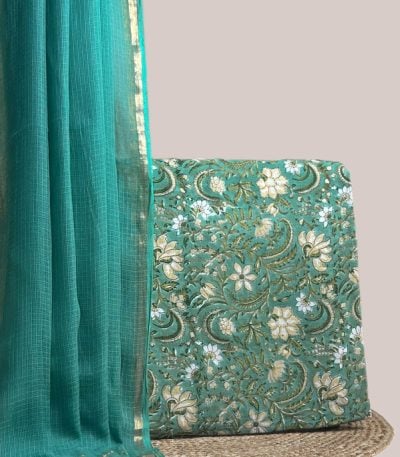 This blue unstitched suit fabric set includes a 2.50 metre AirLoom™ Kota dupatta paired with a 2.50 metre Blockprint Soft Cotton top fabric. Ideal for custom tailoring into your preferred silhouette.