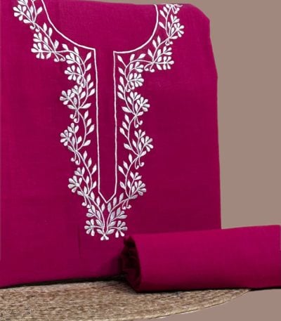 This pink handloom soft cotton set features intricate embroidered neckline detailing on the top (3 metres) with a matching solid bottom (2.50 metres). No dupatta included in this set. [Internal note: Magenta/rani-pink base mapped to Pink - please confirm vs Red.]