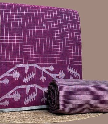 This red unstitched fabric set includes a 2.50 metre Jamdani Intricate Woven Cotton top and a 2.50 metre Handloom Stripes bottom. No dupatta included in this set. [Internal note: Fabric reads maroon/wine - mapped to Red per house convention (Maroon->Red) - please confirm vs Purple. Bottom is striped