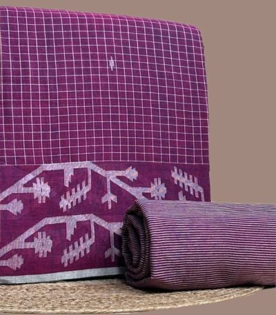 This red unstitched fabric set includes a 2.50 metre Jamdani Intricate Woven Cotton top and a 2.50 metre Handloom Stripes bottom. No dupatta included in this set. [Internal note: Fabric reads maroon/wine - mapped to Red per house convention (Maroon->Red) - please confirm vs Purple. Bottom is striped