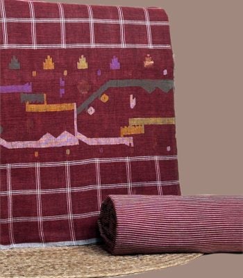 This red unstitched fabric set includes a 2.50 metre Jamdani Intricate Woven Cotton top and a 2.50 metre Handloom Stripes bottom. No dupatta included in this set. [Internal note: Colour proposed as Red (maroon-toned) - please confirm. Bottom is striped
