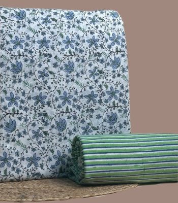 This blue unstitched fabric set includes a 2.50 metre Blockprint Soft Cotton top and a 2.50 metre Blockprint Soft Cotton Stripe bottom. No dupatta included in this set. [Internal note: Bottom fabric is a multicolour stripe rather than the usual solid - priced at the standard Rs.1995 Blockprint T+B rate for now. Please confirm this rate applies