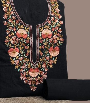 This black handloom soft cotton set features intricate embroidered neckline detailing on the top (3 metres) with a matching solid bottom (2.50 metres). No dupatta included in this set. [Internal note: Embroidery here is far more elaborate/multicoloured than the other Embroidered Neck pieces - please confirm the Rs.3450 rate still applies to this design.]