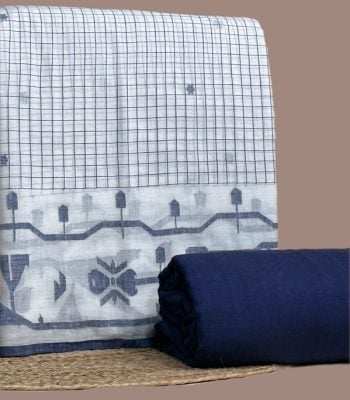 This white unstitched fabric set includes a 2.50 metre Jamdani Intricate Woven Cotton top and a 2.50 metre Handloom bottom. No dupatta included in this set. [Internal note: Colour proposed as White (checkered white/gray base) - please confirm.]