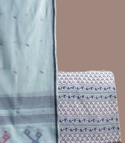This blue unstitched suit fabric set includes a 2.50 metre Handloom Cotton dupatta paired with a 2.50 metre Blockprint Soft Cotton top fabric. Ideal for custom tailoring into your preferred silhouette.