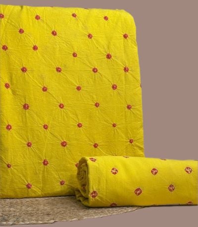 This yellow unstitched fabric set includes a 2.50 metre Bandhani Cotton top and a 2.50 metre Bandhani Cotton bottom. No dupatta included in this set.