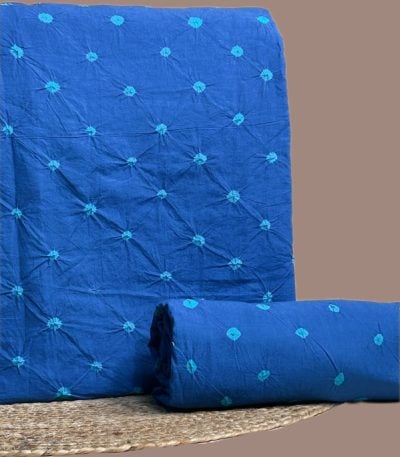 This blue unstitched fabric set includes a 2.50 metre Bandhani Cotton top and a 2.50 metre Bandhani Cotton bottom. No dupatta included in this set.