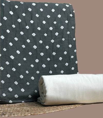 This gray unstitched fabric set includes a 2.50 metre Bandhani Cotton top and a 2.50 metre Handloom Cotton bottom. No dupatta included in this set.