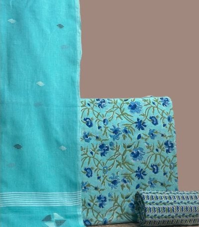 This blue unstitched three-piece suit fabric set includes a 2.50 metre Handloom Cotton dupatta