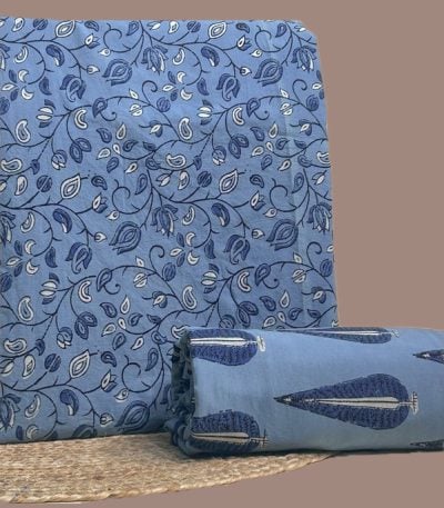 This blue unstitched fabric set includes a 2.50 metre Blockprint Soft Cotton top and a 2.50 metre Blockprint Soft Cotton bottom. No dupatta included in this set.
