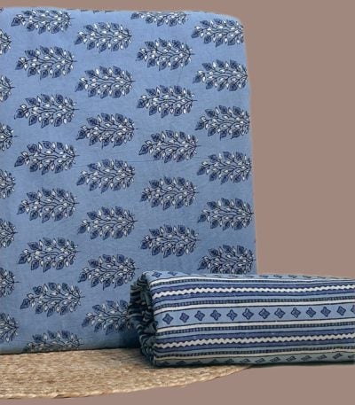 This blue unstitched fabric set includes a 2.50 metre Blockprint Soft Cotton top and a 2.50 metre Blockprint Soft Cotton bottom. No dupatta included in this set.