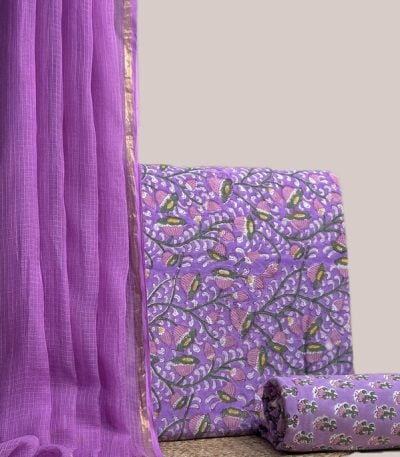 This purple unstitched three-piece suit fabric set includes a 2.50 metre AirLoom™ Kota dupatta
