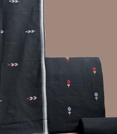 This black unstitched three-piece suit fabric set includes a 2.50 metre Handloom Cotton dupatta