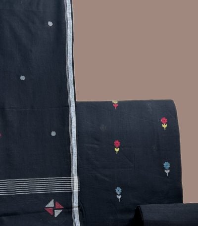 This black unstitched three-piece suit fabric set includes a 2.50 metre Handloom Cotton dupatta