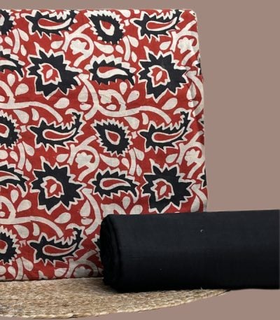 This red unstitched fabric set includes a 2.50 metre Bagru Blockprint top and a 2.50 metre Handloom Cotton bottom. No dupatta included in this set.