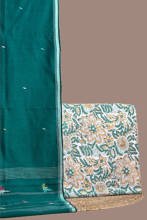 White - 2pc Handloom Cotton Dupatta and Blockprint Soft Cotton Top Fabric Set This yellow unstitched suit fabric set includes a 2.50 metre Handloom Cotton dupatta paired with a 2.50 metre Blockprint Soft Cotton top fabric. Ideal for custom tailoring into your preferred silhouette.