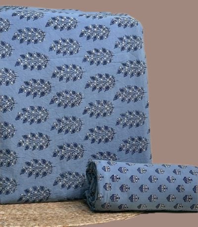 This blue unstitched fabric set includes a 2.50 metre Blockprint Soft Cotton top and a 2.50 metre Blockprint Soft Cotton bottom. No dupatta included in this set.