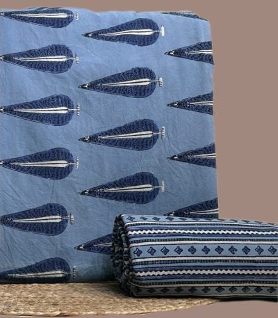 This blue unstitched fabric set includes a 2.50 metre Blockprint Soft Cotton top and a 2.50 metre Blockprint Soft Cotton bottom. No dupatta included in this set.
