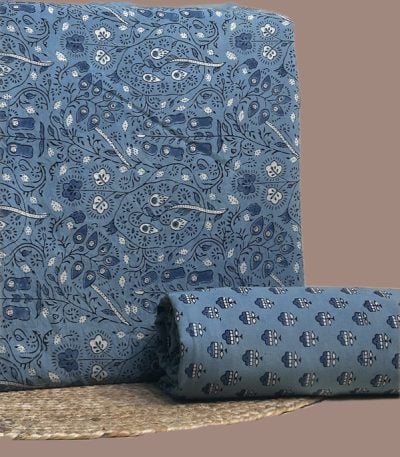 This blue unstitched fabric set includes a 2.50 metre Blockprint Soft Cotton top and a 2.50 metre Blockprint Soft Cotton bottom. No dupatta included in this set.