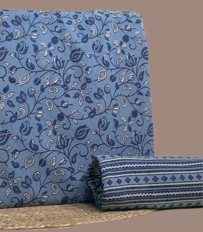 This blue unstitched fabric set includes a 2.50 metre Blockprint Soft Cotton top and a 2.50 metre Blockprint Soft Cotton bottom. No dupatta included in this set.