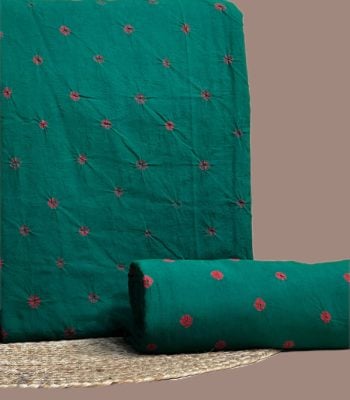 This green unstitched fabric set includes a 2.50 metre Bandhani Cotton top and a 2.50 metre Bandhani Cotton bottom. No dupatta included in this set.