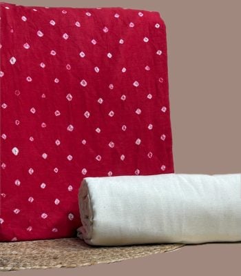 This red unstitched fabric set includes a 2.50 metre Bandhani Cotton top and a 2.50 metre Handloom Cotton bottom. No dupatta included in this set.