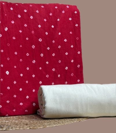 This red unstitched fabric set includes a 2.50 metre Bandhani Cotton top and a 2.50 metre Handloom Cotton bottom. No dupatta included in this set.