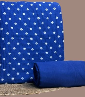 This blue unstitched fabric set includes a 2.50 metre Bandhani Cotton top and a 2.50 metre Handloom Cotton bottom. No dupatta included in this set.