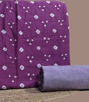 This purple unstitched fabric set includes a 2.50 metre Bandhani Cotton top and a 2.50 metre Handloom Cotton bottom. No dupatta included in this set.