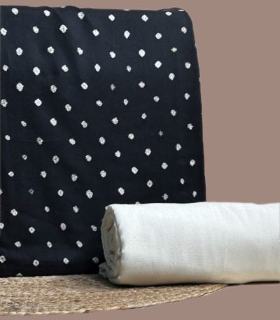 This black unstitched fabric set includes a 2.50 metre Bandhani Cotton top and a 2.50 metre Handloom Cotton bottom. No dupatta included in this set.