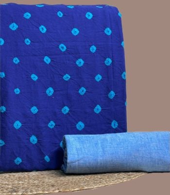 This blue unstitched fabric set includes a 2.50 metre Bandhani Cotton top and a 2.50 metre Handloom Cotton bottom. No dupatta included in this set.
