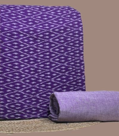 A purple handwoven Ikkat top fabric with a coordinating solid handloom cotton bottom