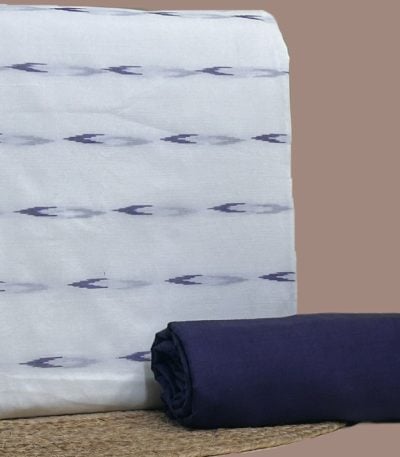 A white handwoven Ikkat top fabric with a coordinating solid handloom cotton bottom