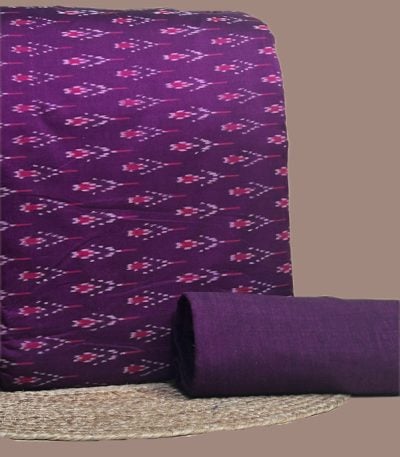 A purple handwoven Ikkat top fabric with a coordinating solid handloom cotton bottom