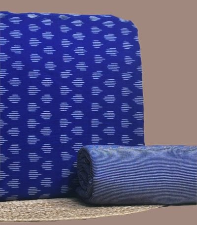 A blue handwoven Ikkat top fabric with a woven handloom stripes cotton bottom