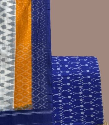 A blue handwoven Ikkat set with a patterned dupatta and coordinating Ikkat top fabric