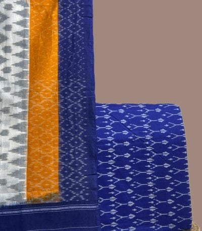 A blue handwoven Ikkat set with a patterned dupatta and coordinating Ikkat top fabric