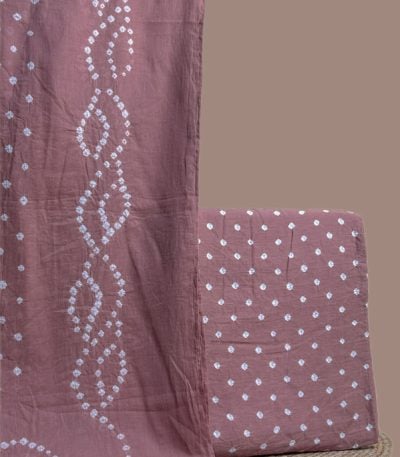 A pink Bandhani set with a hand tie-dyed dupatta and matching top fabric