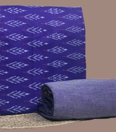 A purple handwoven Ikkat top fabric with a woven handloom stripes cotton bottom
