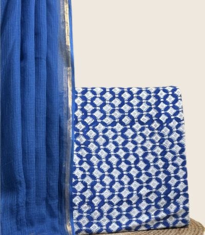 A blue set pairing a sheer AirLoom™ Kota dupatta with a hand blockprinted soft cotton top fabric