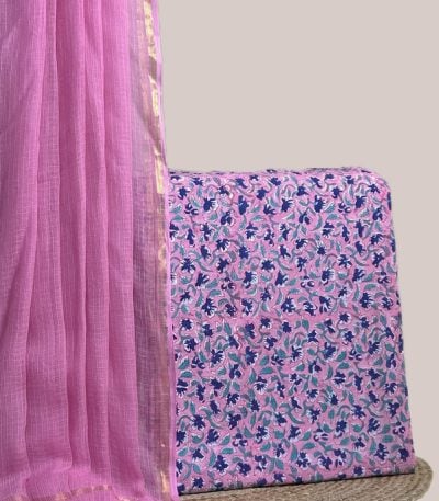 A pink set pairing a sheer AirLoom™ Kota dupatta with a hand blockprinted soft cotton top fabric