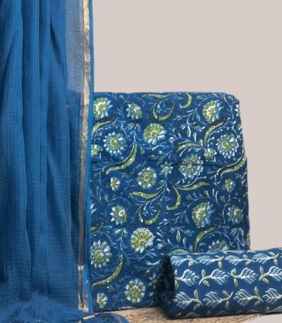 A blue three piece set — sheer AirLoom™ Kota dupatta with gold zari border
