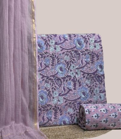 A purple three piece set — sheer AirLoom™ Kota dupatta with gold zari border