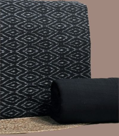 A black handwoven Ikkat top fabric with a coordinating solid handloom cotton bottom