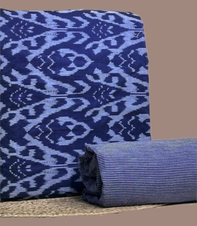A blue handwoven Ikkat top fabric with a woven handloom stripes cotton bottom
